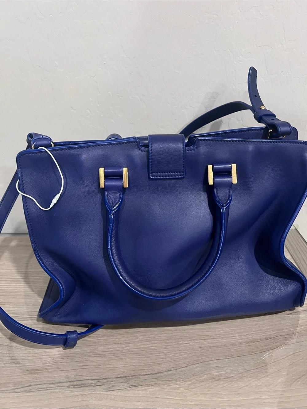 Saint Laurent Navy Leather Satchel with Gold Y Closure